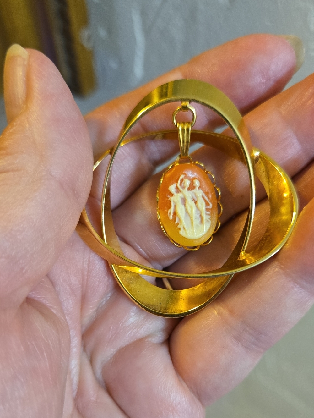 Gold-Tone Cameo Pendant- Orange Cameo